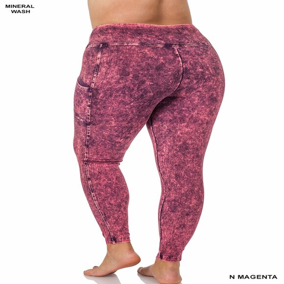 PLUS MINERAL WASH WIDE WAISTBAND FULL LENGTH LEGGINGS W/POCKETS 1X-3X MAGENTA - Picture 2 of 3